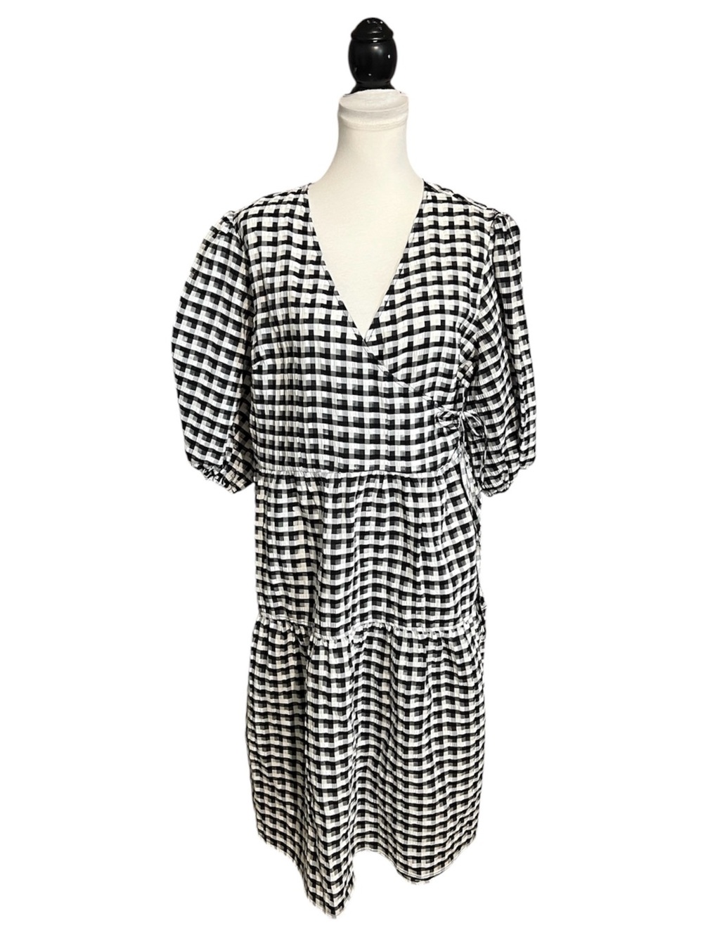 Topshop Dress Size 2 US Gingham Check Wrap Puff Sleeve Tie Waist Black White New